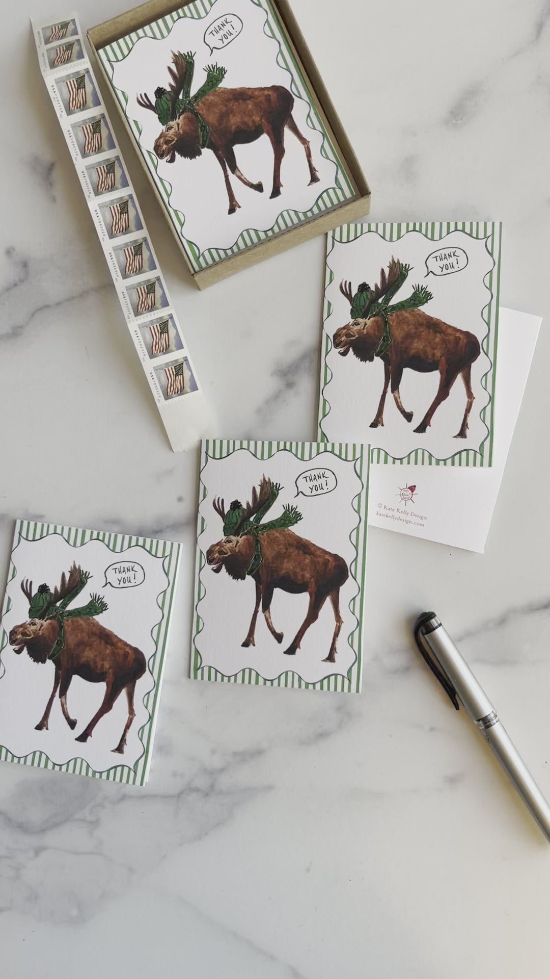 Green Winter Moose Thank You Notecards w Blank Envelopes (S/8)