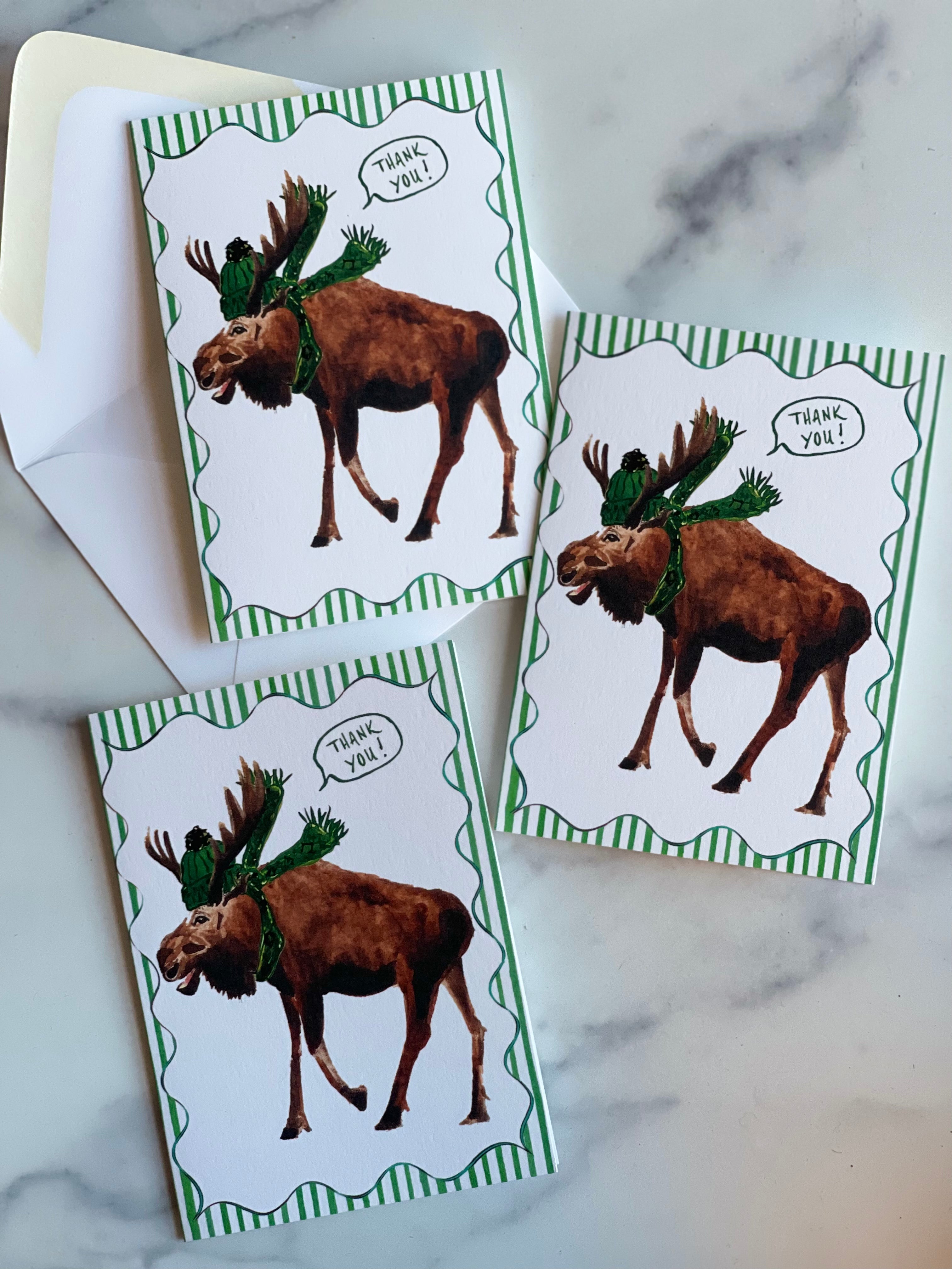 Green Winter Moose Thank You Notecards w Blank Envelopes (S/8)