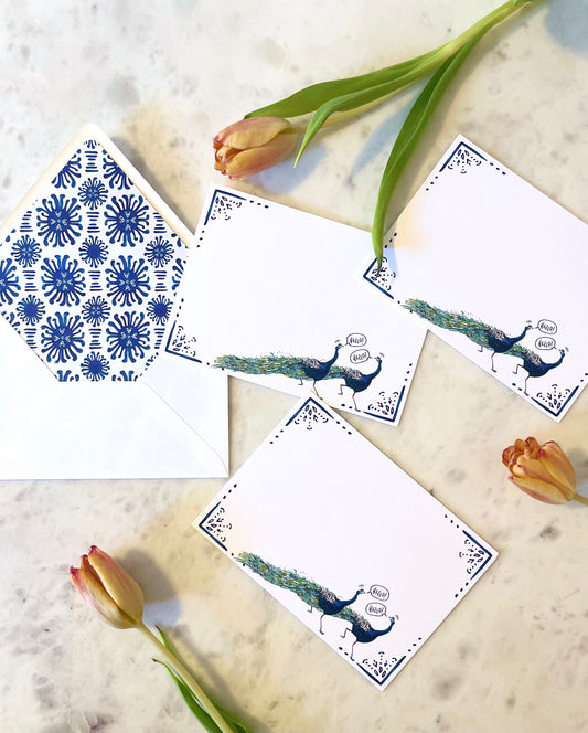 A7 Blue Peacock Stationery w Blue Ikat Lined Envelopes (S/10)
